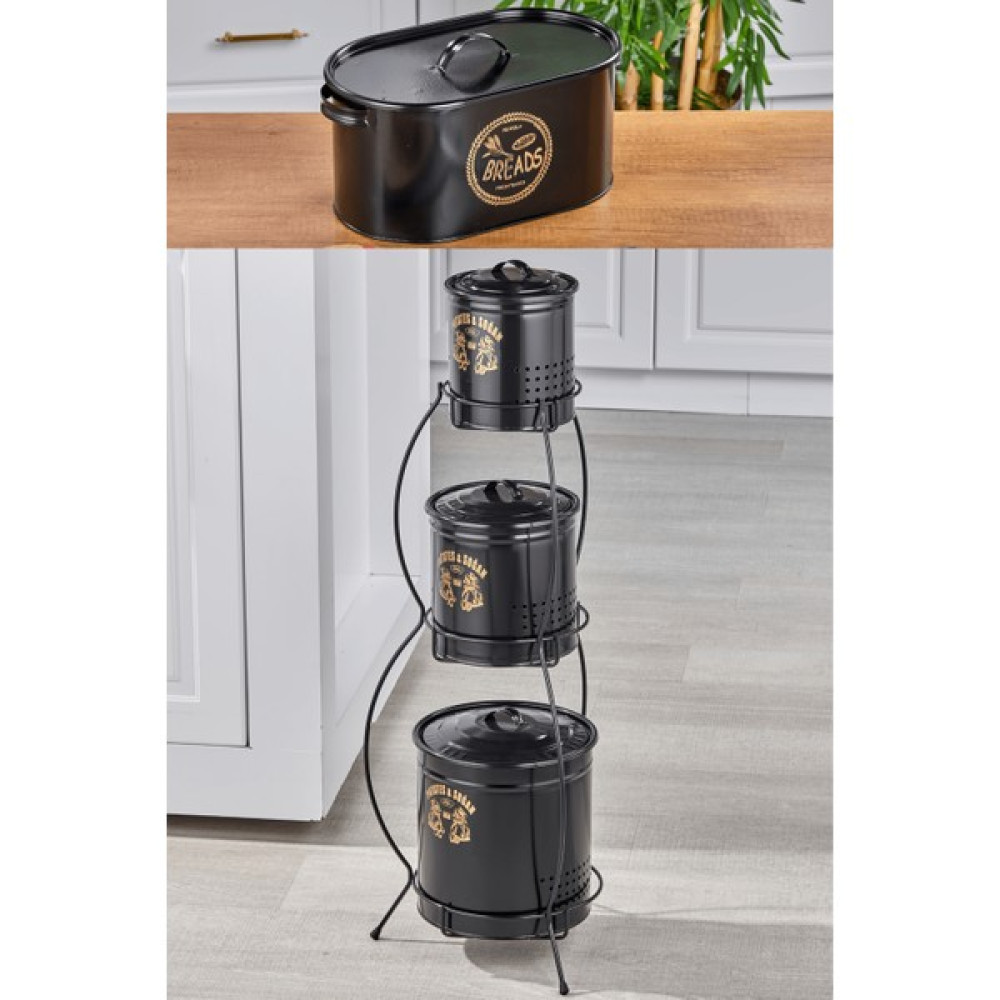 Kitchen Line 3 Katlı Patates Soğan Sarımsak Kovası + Lüx Metal Gold Desenli Ekmeklik Siyah Mutfak Seti Saklama Kapları Fiyatı