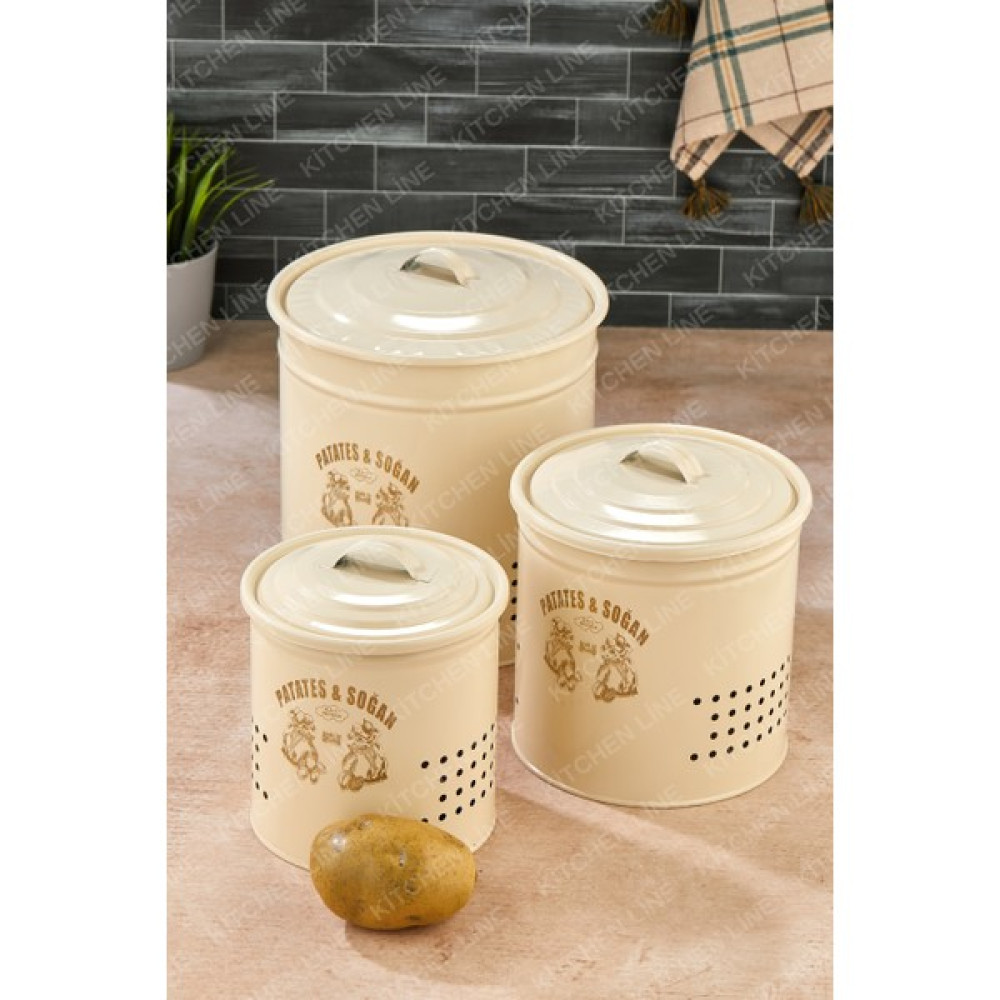 Kitchen Line 3lü Patates Soğan Sarımsak Kovası Standsız Gold Baskılı Lüx Sebzelik 3 Boy Krem Saklama Kapları Fiyatı