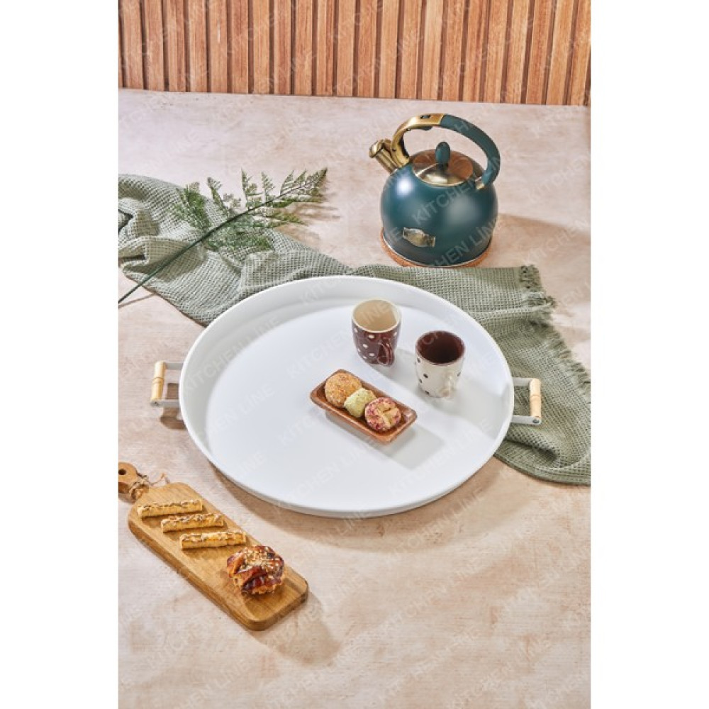 Kitchen Line Ahşap Kulplu 51 cm Büyük Boy Metal Tepsi Çay Kahve Sunum Tepsisi Beyaz Servis Tepsisi Fiyatı