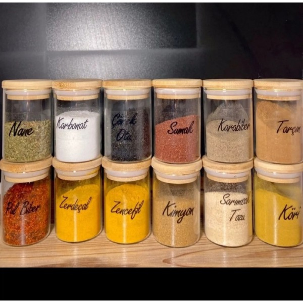 Kitchen Pembelia 12'li Bambu Kapaklı Vakumlu Cam 180ML Baharatlık Seti Etiketli Baharat Takımı - Şeffaf - 180 ml Baharat Setleri & Baharatlıklar Fiyatı