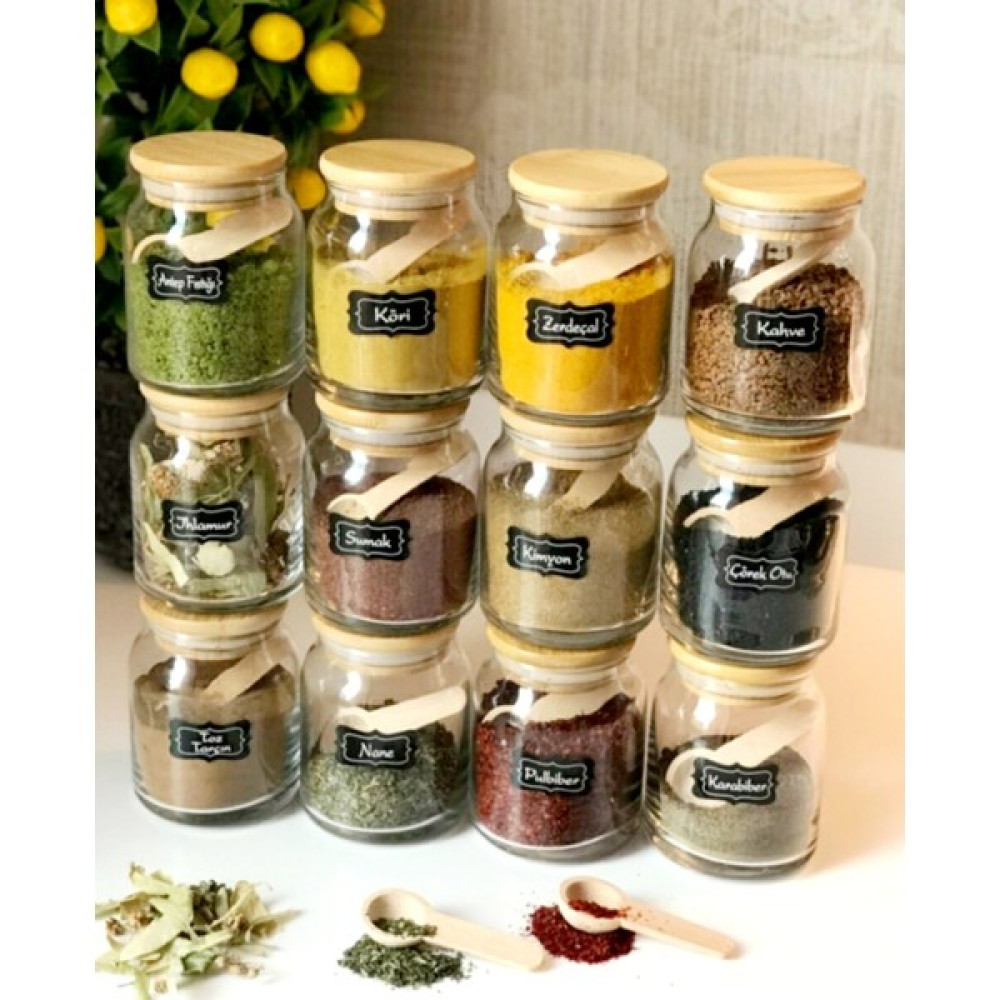 Kitchen Pembelia 12'li Etiketli Kaşıklı 300ML Bambu Kapaklı Cam Baharatlık Saklama Seti - Şeffaf - 300 ml Baharat Setleri & Baharatlıklar Fiyatı