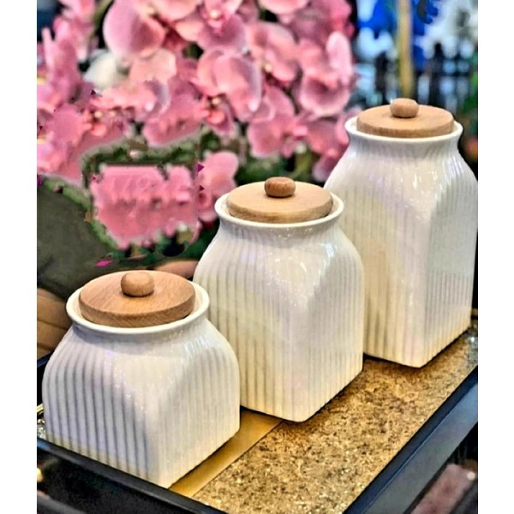 Kitchen Pembelia 3'lü Lüx Çay Şeker Tuz Saklama Kavanoz Seti - Beyaz - 1000 ml - 100 Adet Saklama Kapları Fiyatı
