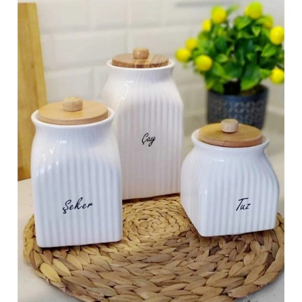 Kitchen Pembelia 3'lu Porselen Çay Şeker Tuz Saklama Kavanoz Seti 1000ML,750ML,500ML - Beyaz - 500 ml Saklama Kapları Fiyatı
