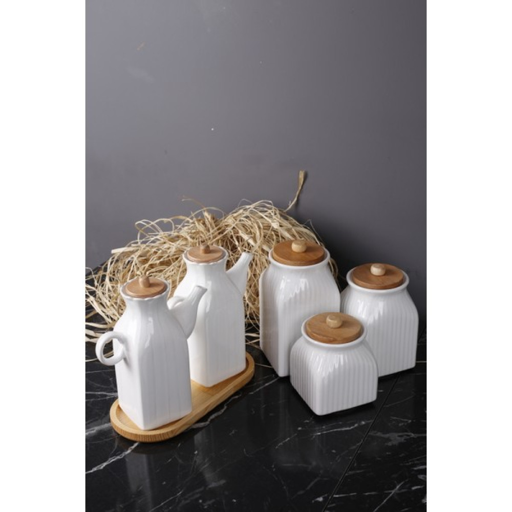 Kitchen Pembelia 6 Parça Ahşap Standlı 2'li Yağdanlık ve 3'lu Çay Şeker Tuz Kavanoz Set Çeyizlik Set - Beyaz - 1000 ml Saklama Kapları Fiyatı
