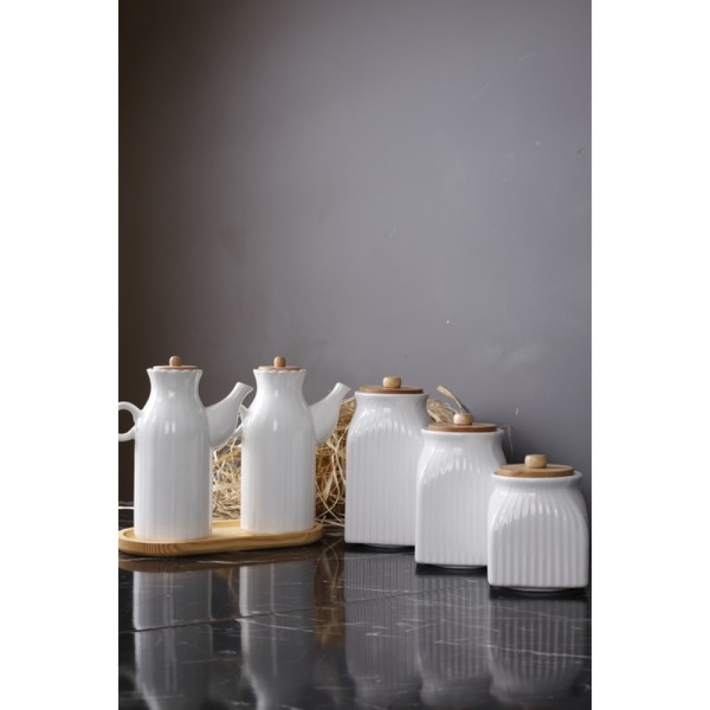 Kitchen Pembelia 6 Parça Ahşap Standlı Porselen Papatya Yağlık 3'lu Kavanoz Set(Çeyizlik Set) - Beyaz - 1000 ml - 1 Saklama Kapları Fiyatı