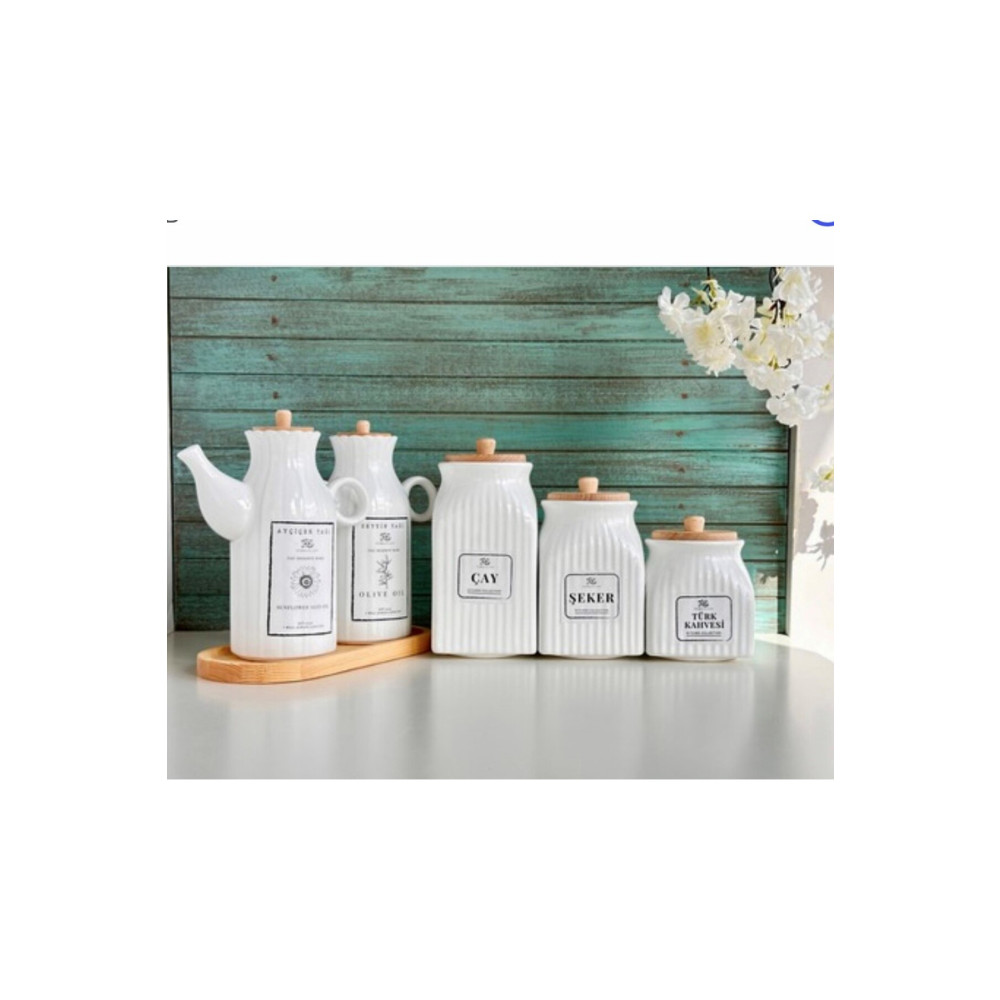Kitchen Pembelia 6 Parça Bambu Standlı Porselen 1000ml Yağdanlık Ve 3lu Çay Şeker Türk Kahve Kavanoz Seti Saklama Kapları Fiyatı