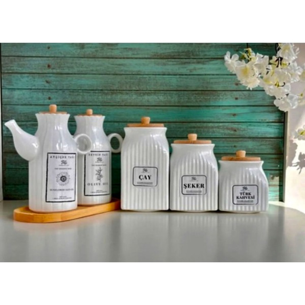 Kitchen Pembelia 6 Parça Bambu Standlı Porselen 1000ML Yağdanlık ve 3'lu Çay Şeker Türk Kahve Kavanoz Seti Yağlık Set Mutfak Gereçleri Fiyatı