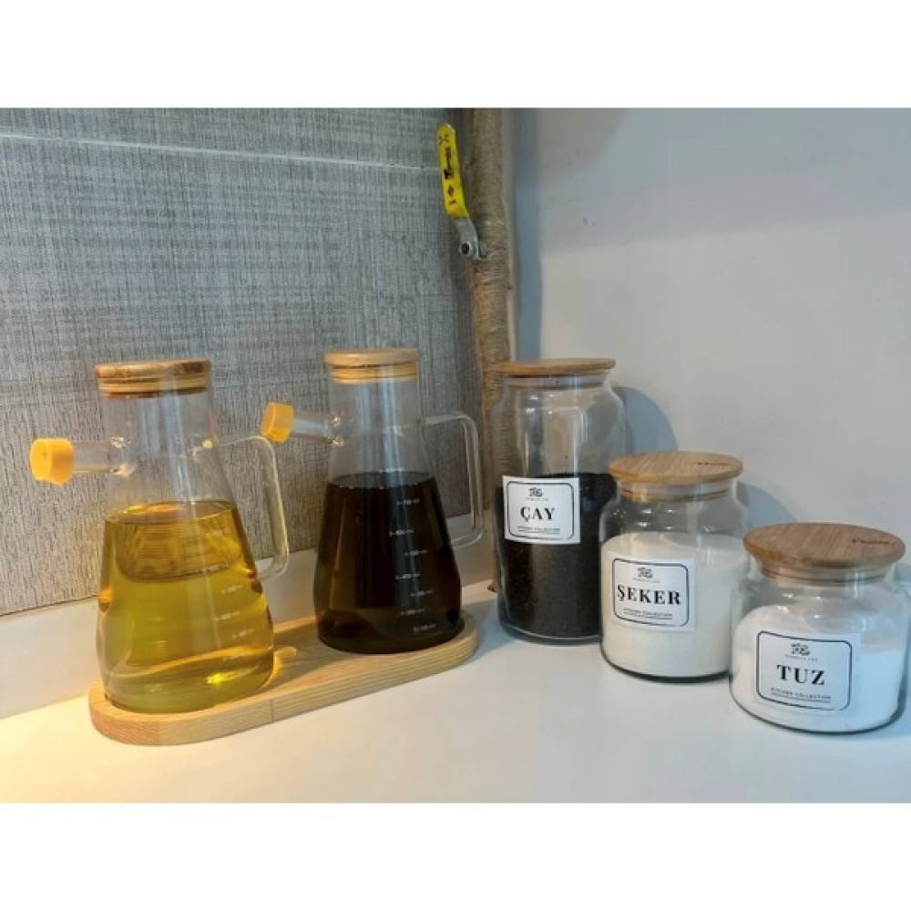 Kitchen Pembelia 6 Parça Bambu Standlı Yağdanlık 900 ml + Kavanoz Set 3'lü - Şeffaf Saklama Kapları Fiyatı