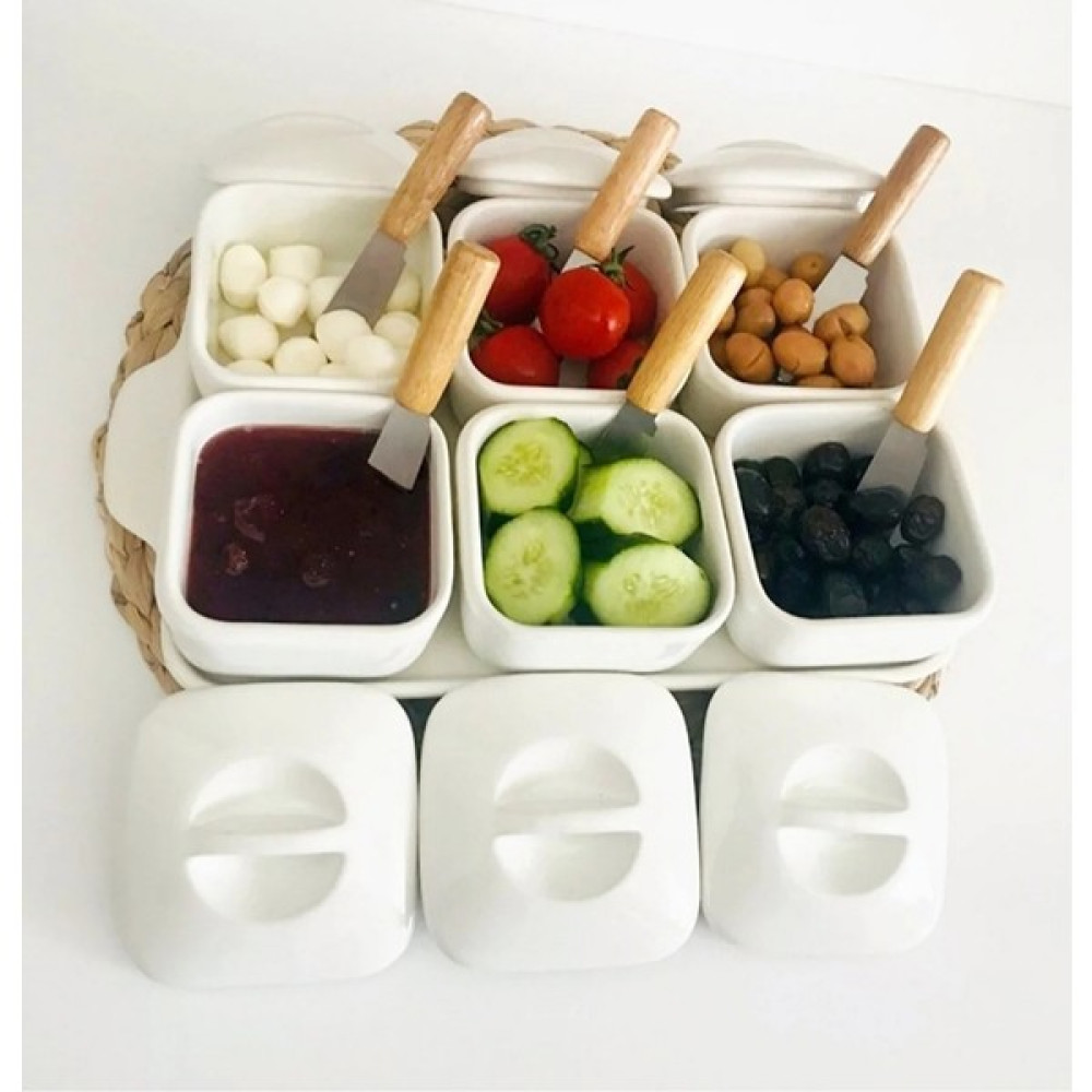 Kitchen Pembelia 6'lı Lüx Standlı Kapaklı Reçel Bıçaklı Kahvaltılık Set Kahvaltı Takımı Fiyatı