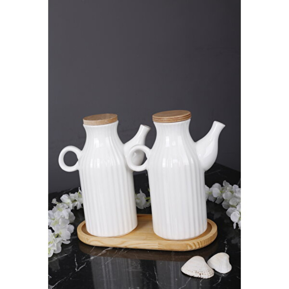 Kitchen Pembelia Ahşap Standlı 2 Adet 500 ml Damlatmaz Yağdanlık(3'lü Yağdanlık Set) - Beyaz - 1 lt Mutfak Gereçleri Fiyatı