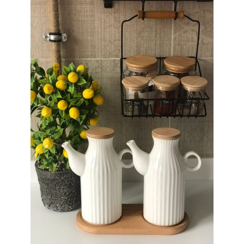 Kitchen Pembelia Ahşap Standlı 2ADET 1 Lt Porselen Yağdanlık Set((3'lu Yağdanlık Set) - Beyaz Mutfak Gereçleri Fiyatı