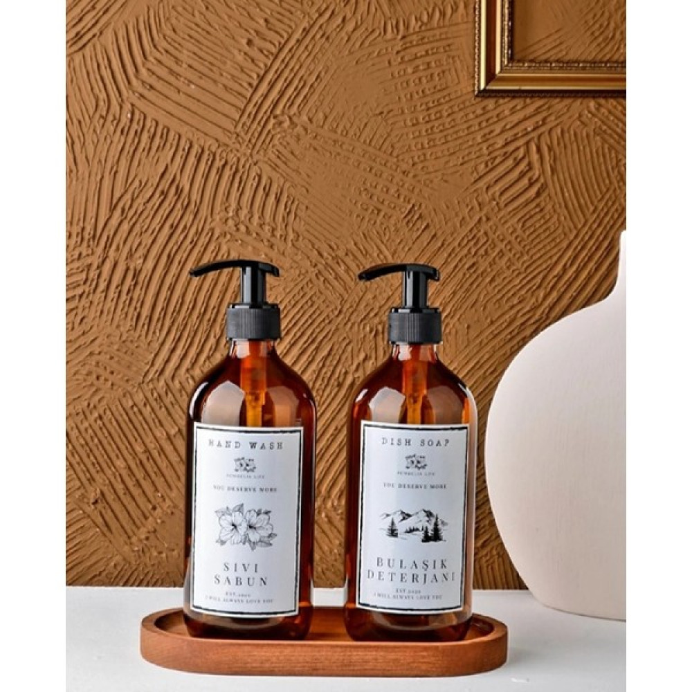 Kitchen Pembelia Ahşap Standlı 2'li 500ML Amber Cam Sabunluk Set - Açık Kahverengi Sabunluk Fiyatı