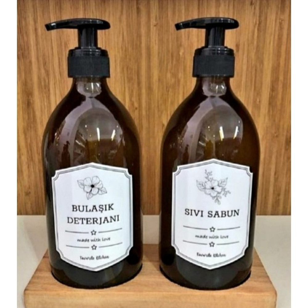 Kitchen Pembelia Ahşap Standlı 500ml Cam 2'Li Amber Sabunluk Deterjanlık - Kahverengi - 500 ml Sabunluk Fiyatı