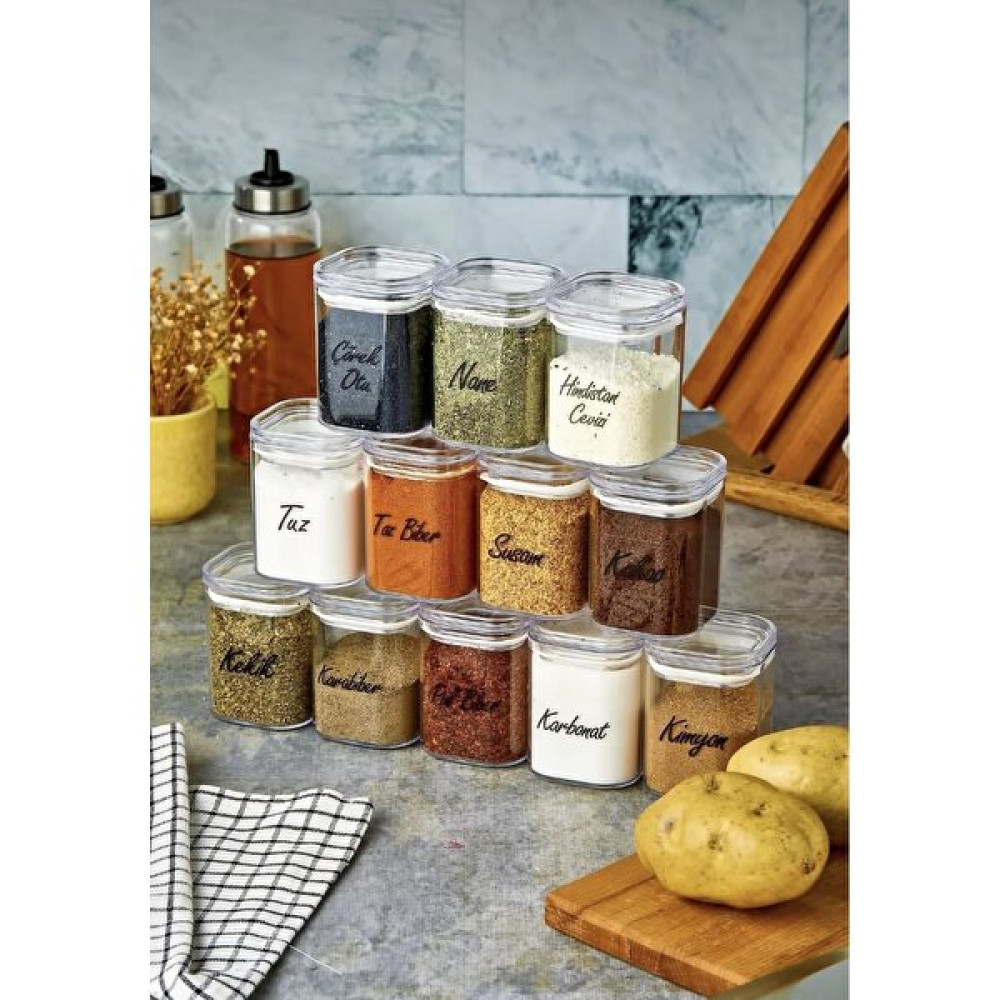 Kitchen Pembelia Etiketli 12’li 200 ml Akrilik Baharatlık Seti Saklama Kapı Şeffaf Etiketli Baharat Setleri & Baharatlıklar Fiyatı