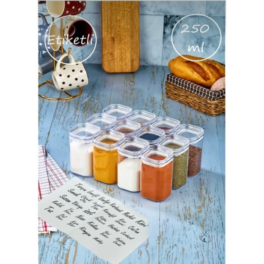 Kitchen Pembelia Etiketli 12’li 250 ml Akrilik Baharatlık Seti Saklama Kapı Şeffaf Etiketli Baharat Setleri & Baharatlıklar Fiyatı