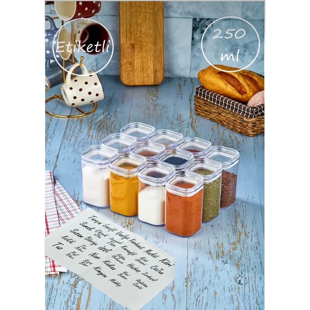 Kitchen Pembelia Etiketli 12’li 250 ml Akrilik Baharatlık Seti Saklama Kapı Şeffaf Etiketli Eşya Saklama / Düzenleme Fiyatı