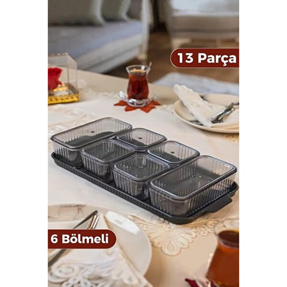 Kitchen Store 6 Bölmeli 13 Parça Tepsili ve Vakum Kapaklı Füme Kahvaltı Seti / Saklama Kabı Seti Kahvaltı Takımı Fiyatı