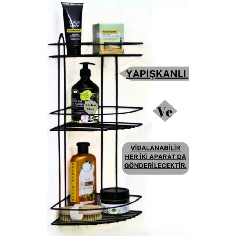 Kitchen Store Yapışkanlı Siyah Banyo Köşeliği 3 Katlı Köşe Rafı Şampuanlık Düzenleyici Raf Büyük Boy Banyo Askılık Fiyatı