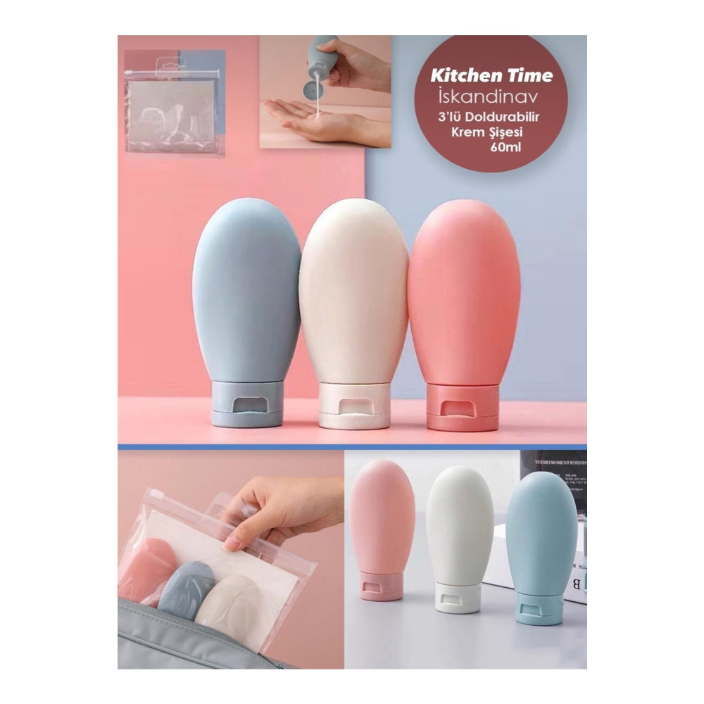 Kitchen Time Iskandinav Tarz 3 Lü Doldurulabilir Çantalı Seyahat Tipi Şişe Seti | Boş Krem Şişesi 60ml Hediyelik Eşya Fiyatı