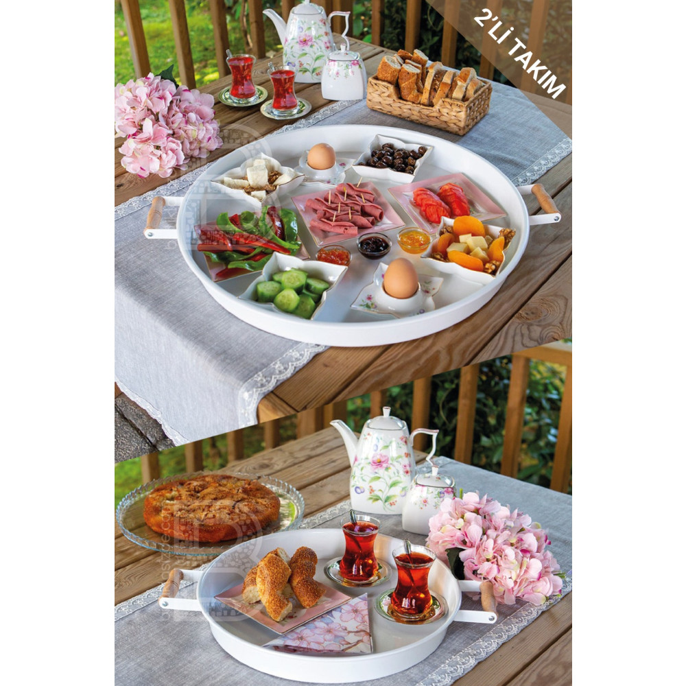 kitchen trend 2 Li Ahşap Kulplu 51 Cm Metal Tepsi Ve 37 Cm Beyaz Tepsi Çay Kahve Sunum Tepsisi Tepsiler / Fırın Kapları Fiyatı