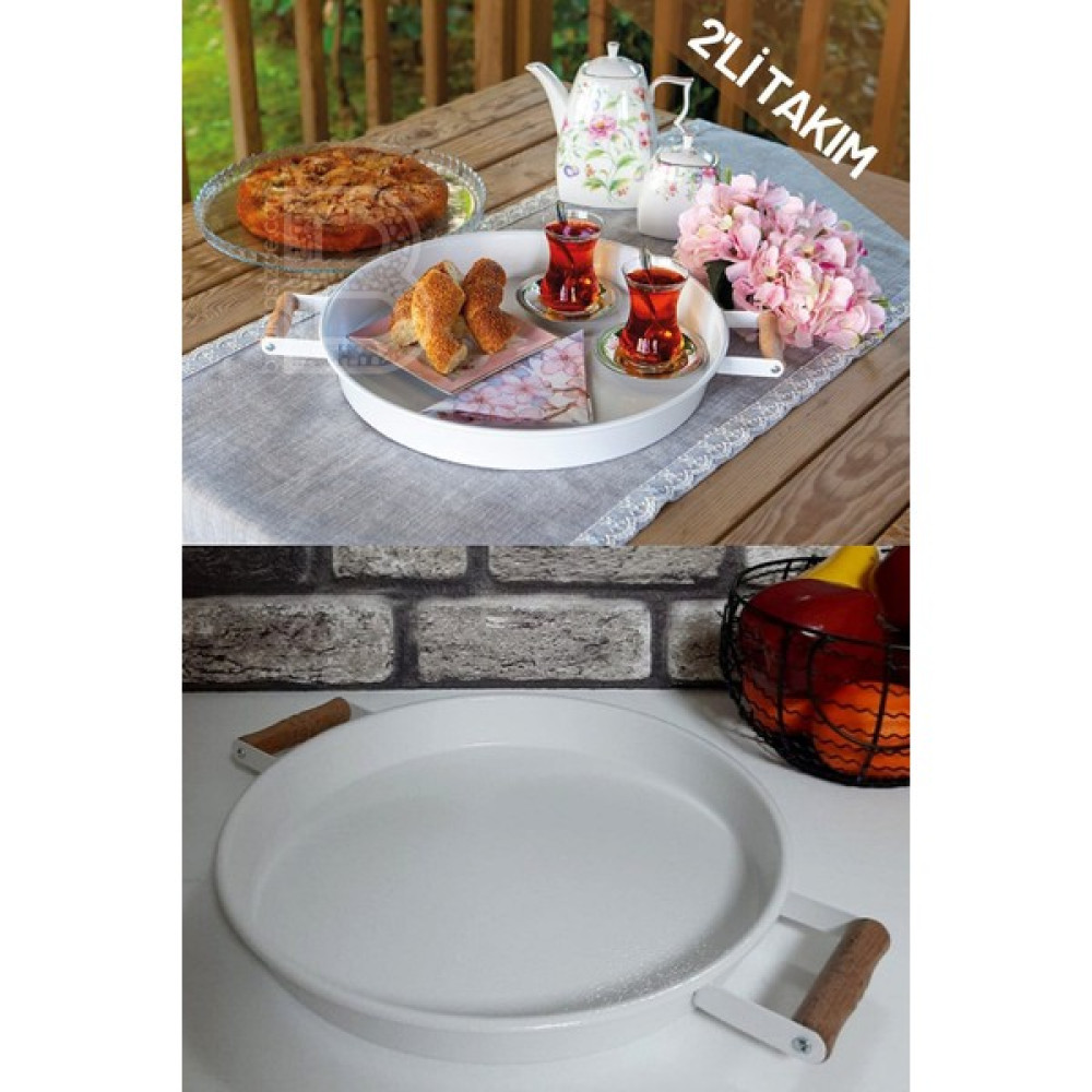 Kitchen Trend 2'li Ahşap Kulplu 37 cm Metal Tepsi ve 30 cm Beyaz Tepsi Çay Kahve Sunum Tepsisi Servis Tepsisi Fiyatı