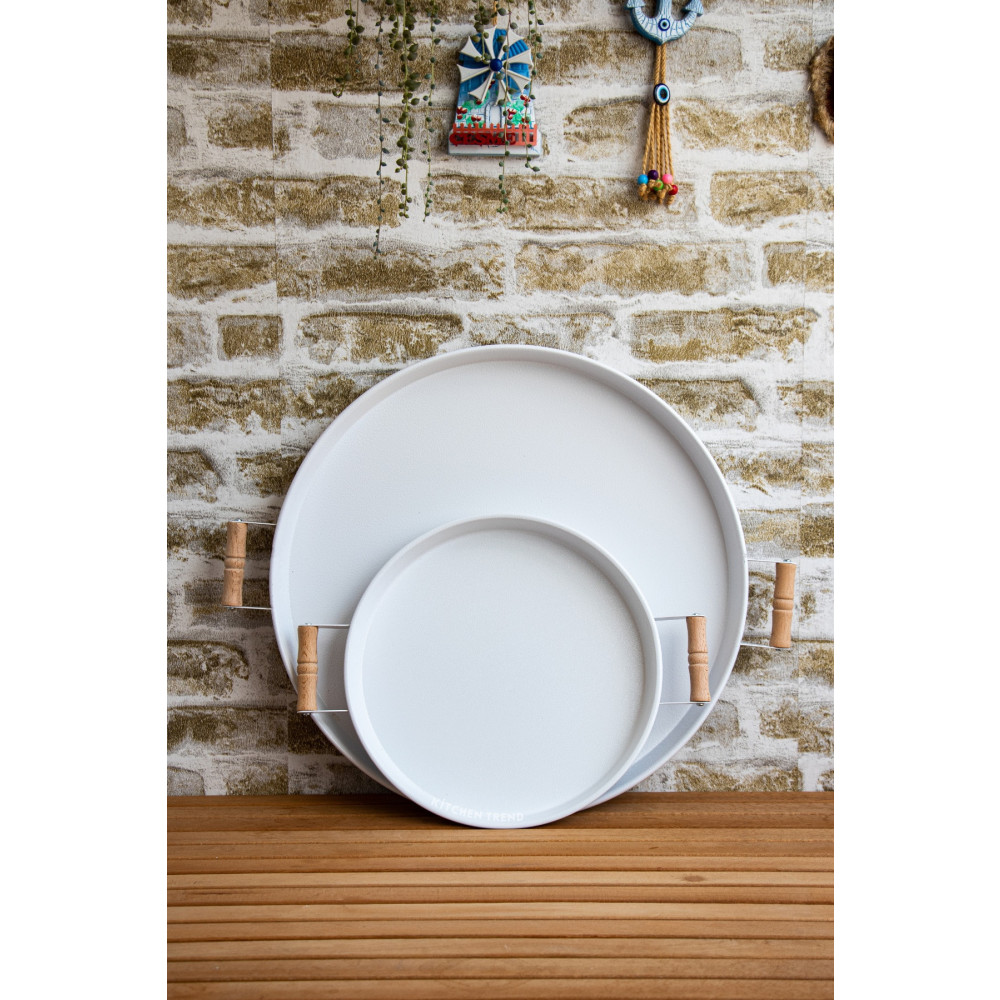 kitchen trend 2li Ahşap Kulplu 45 cm Metal Tepsi Ve 30 Cm Beyaz Tepsi Çay Kahve Sunum Tepsisi Tepsiler / Fırın Kapları Fiyatı