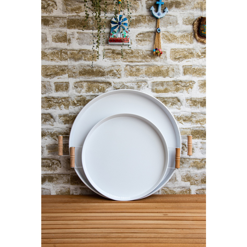 kitchen trend 2li Ahşap Kulplu 45 cm Metal Tepsi Ve 37 cm Beyaz Tepsi Çay Kahve Sunum Tepsisi Tepsiler / Fırın Kapları Fiyatı
