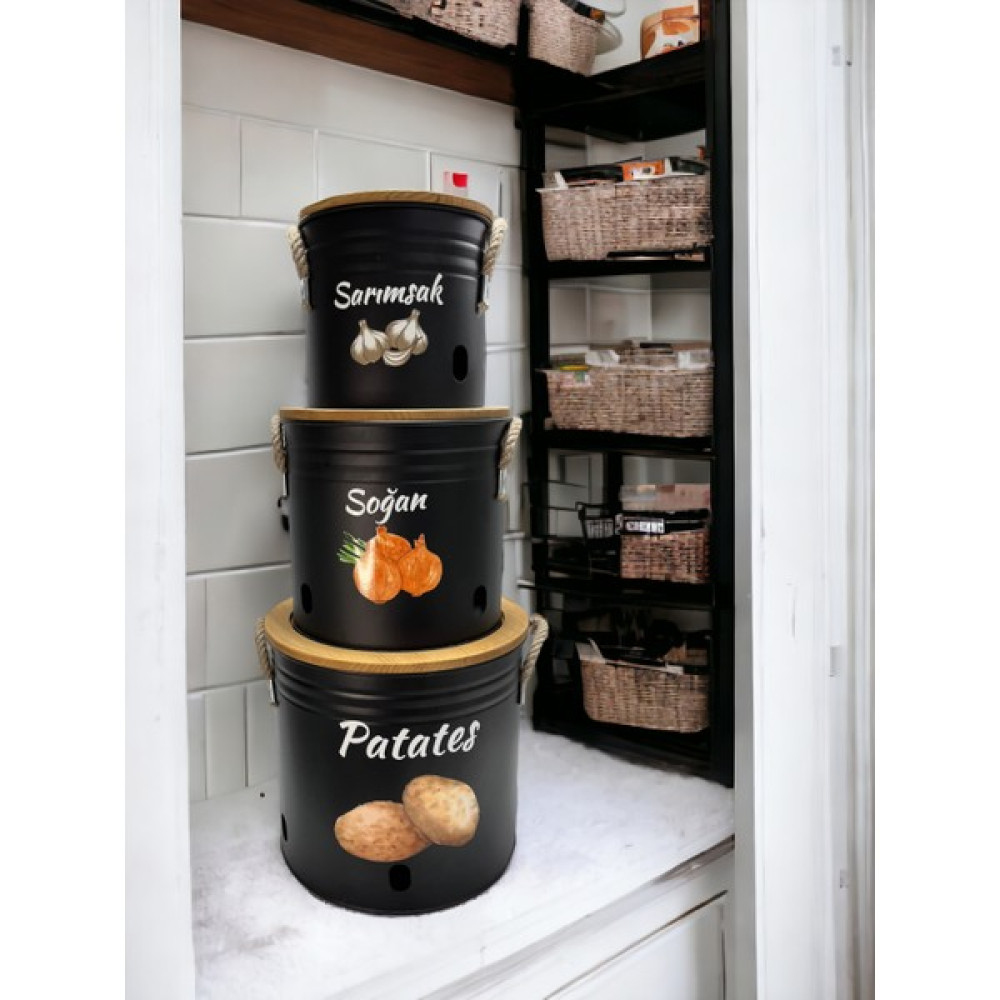 Kitchen Trend 3 Katlı Ahşap Kapaklı Metal Patates Soğan Kovası - Sebzelik - Patates Soğanlık Sepeti - Siyah Saklama Kapları Fiyatı