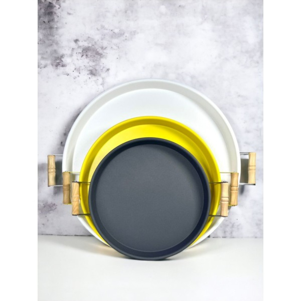 Kitchen Trend 3 Lü 45,37,30 cm Ahşap Kulplu Metal Tepsi Sunum Tepsi Seti Servis Tepsisi Fiyatı