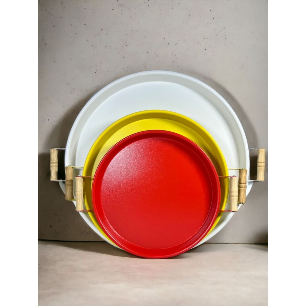 Kitchen Trend 3 Lü 45,37,30 cm Ahşap Kulplu Metal Tepsi Sunum Tepsi Seti - Beyaz - Sarı - Kırmızı Tepsiler / Fırın Kapları Fiyatı