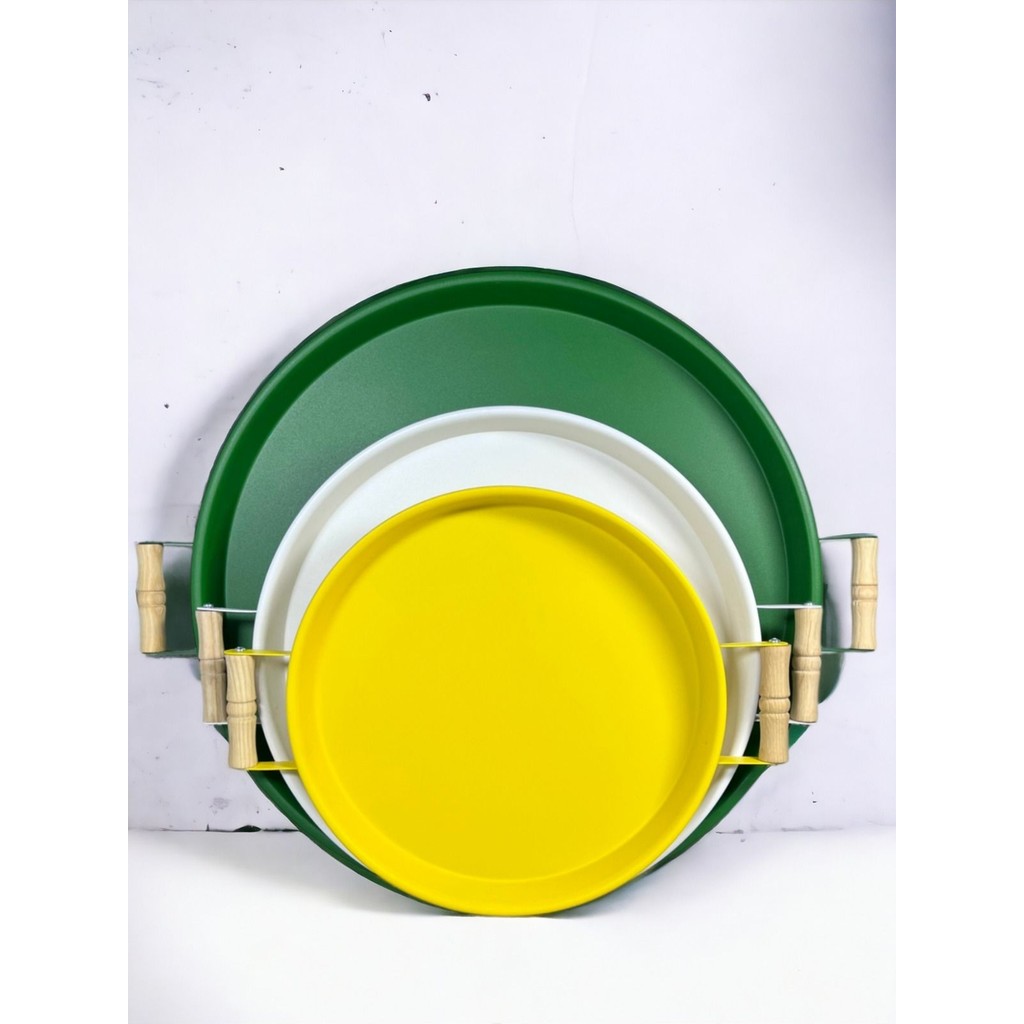 Kitchen Trend 3 Lü 45,37,30 cm Ahşap Kulplu Metal Tepsi Sunum Tepsi Seti - Yeşil - Beyaz - Sarı Tepsiler / Fırın Kapları Fiyatı