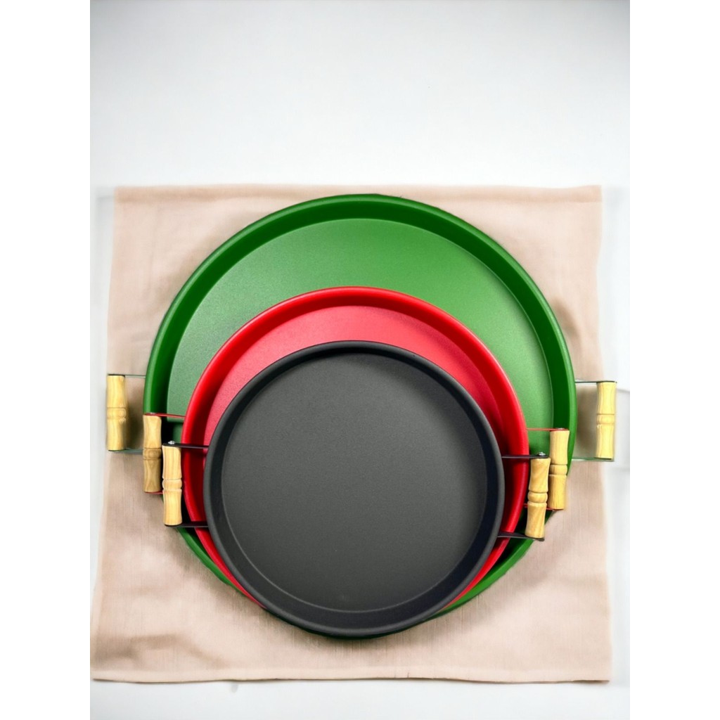 Kitchen Trend 3 Lü 45,37,30 cm Ahşap Kulplu Metal Tepsi Sunum Tepsi Seti - Yeşil - Kırmızı - Siyah Tepsiler / Fırın Kapları Fiyatı