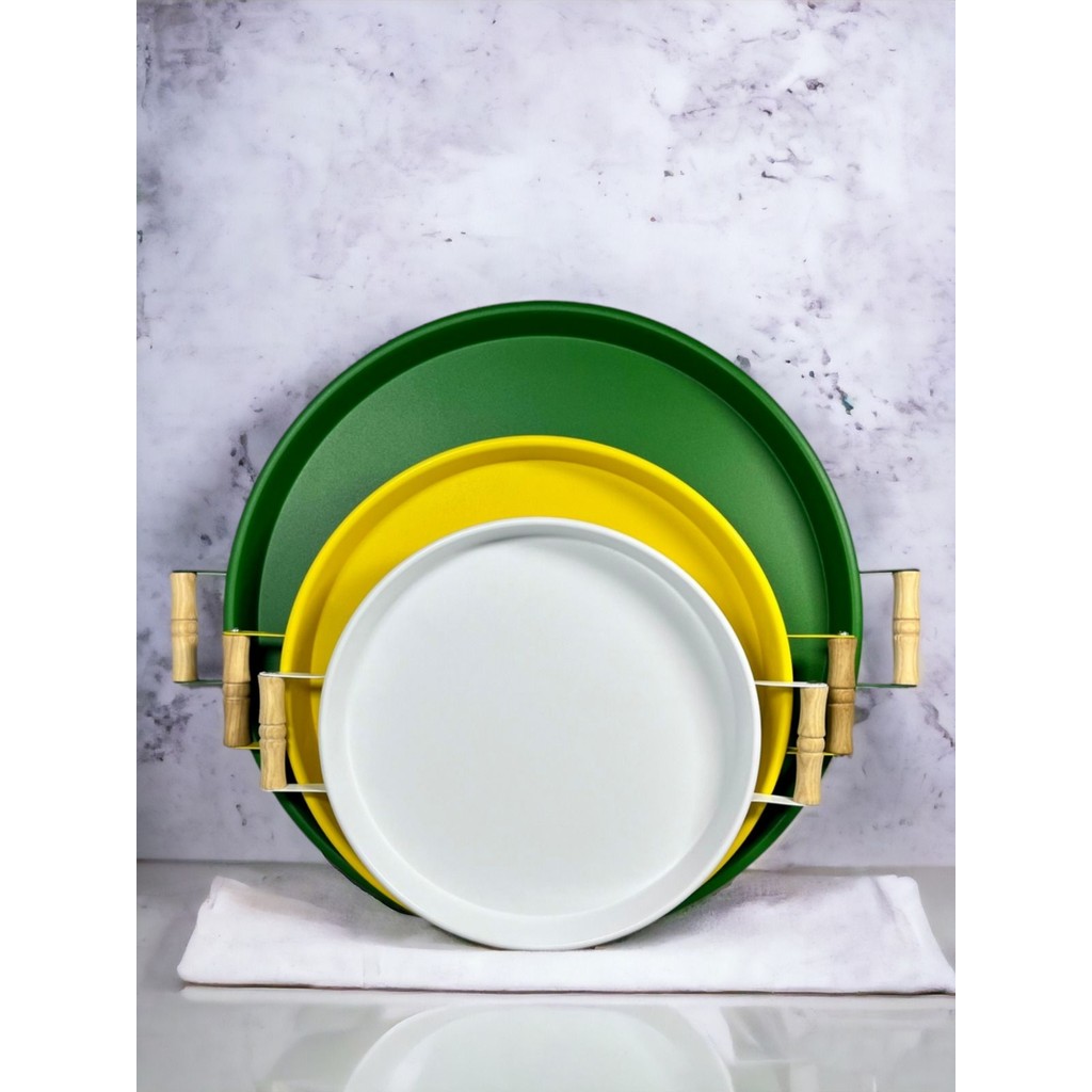 Kitchen Trend 3 Lü 45,37,30 cm Ahşap Kulplu Metal Tepsi Sunum Tepsi Seti - Yeşil - Sarı - Beyaz Tepsiler / Fırın Kapları Fiyatı