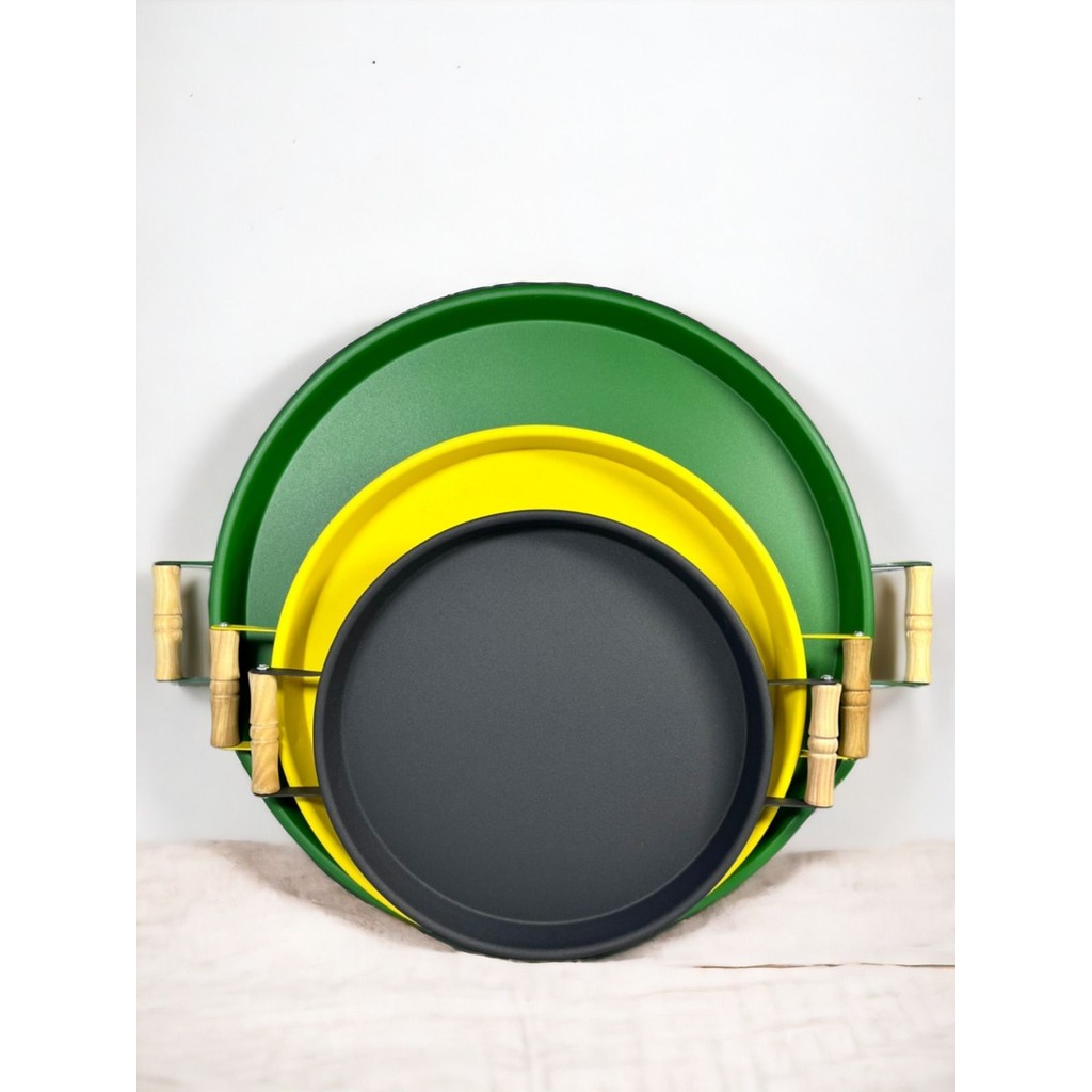 Kitchen Trend 3 Lü 45,37,30 cm Ahşap Kulplu Metal Tepsi Sunum Tepsi Seti - Yeşil - Sarı - Siyah Tepsiler / Fırın Kapları Fiyatı