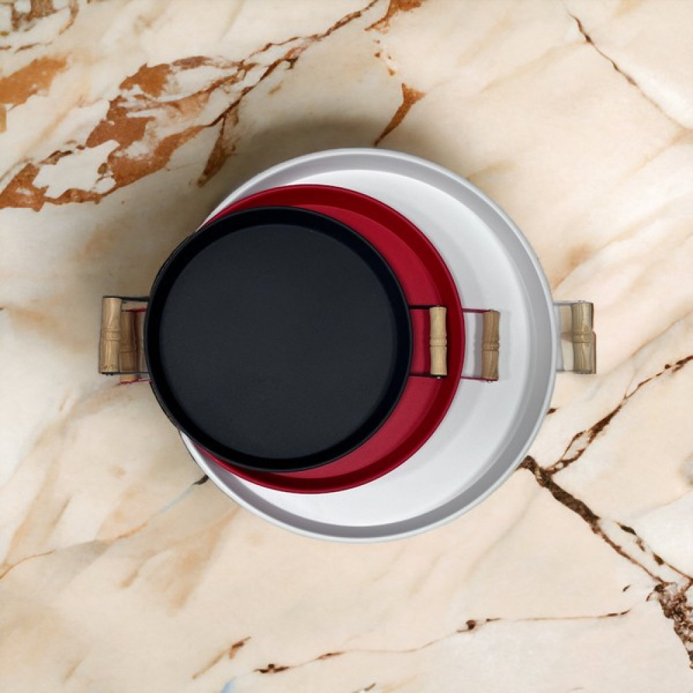 Kitchen Trend 3 Lü 45BEYAZ, 37KIRMIZI, 30SIYAH Ahşap Kulplu Metal Tepsi Çay Tepsisi Sunum Tepsi Seti Servis Tepsisi Fiyatı