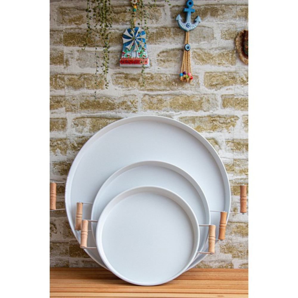 Kitchen Trend 3 Lü Ahşap Kulplu Metal Tepsi Çay Tepsisi Kahve Tepsisi Sunum Tepsi Seti - Beyaz Servis Tepsisi Fiyatı