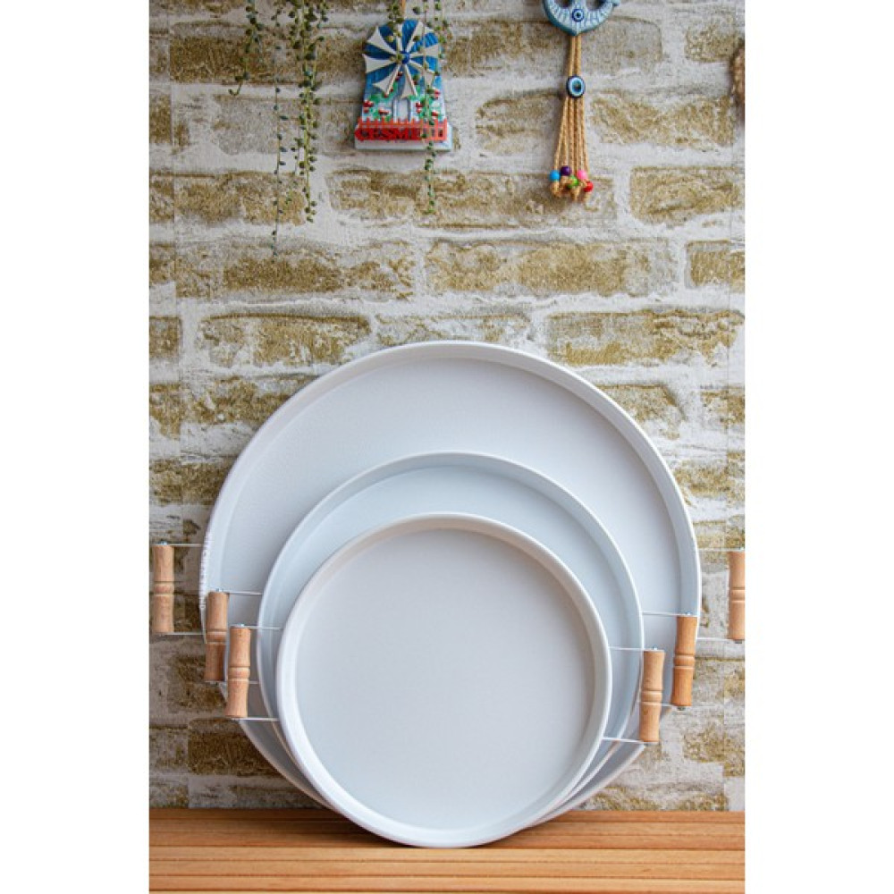 Kitchen Trend 3 Lü Beyaz (45, 37, 30 Cm) Ahşap Kulplu Metal Tepsi Çay Tepsisi Sunum Tepsi Seti Servis Tepsisi Fiyatı