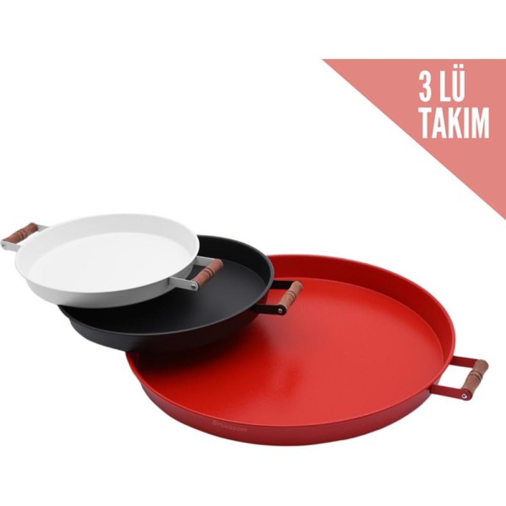 Kitchen Trend 3 Lü(Kırmızı,siyah,beyaz) Ahşap Kulplu Metal Tepsi Çay Tepsisi Kahve Tepsisi Sunum Tepsi Seti - Kırmızı - Siyah - Beyaz Servis Tepsisi Fiyatı