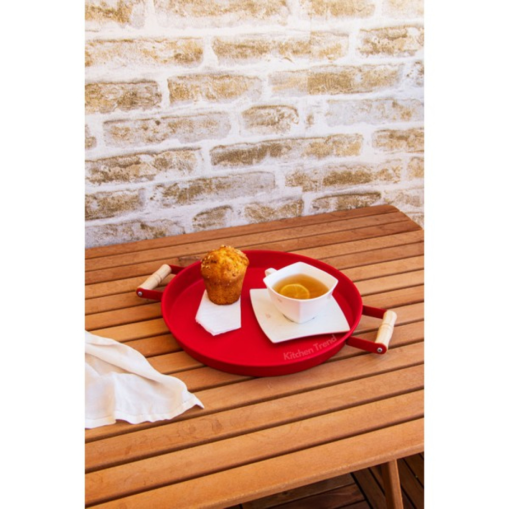 Kitchen Trend 30 cm Kırmızı Ahşap Kulplu Metal Tepsi Çay Tepsisi Kahve Tepsisi Sunum Tepsisi Servis Tepsisi Fiyatı