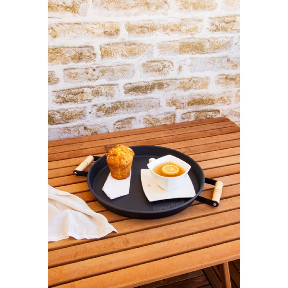 Kitchen Trend 30 cm Siyah Ahşap Kulplu Metal Tepsi Çay Tepsisi Kahve Tepsisi Sunum Tepsisi Servis Tepsisi Fiyatı
