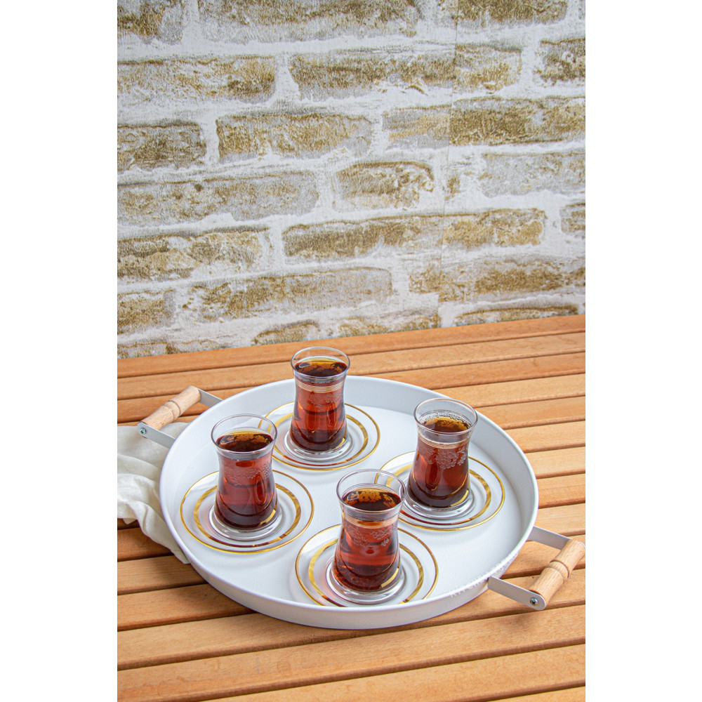 kitchen trend 37cm Ahşap Kulplu Beyaz Metal Tepsi Yuvarlak Tepsi Çay Tepsisi Sunum Tepsisi Tepsiler / Fırın Kapları Fiyatı