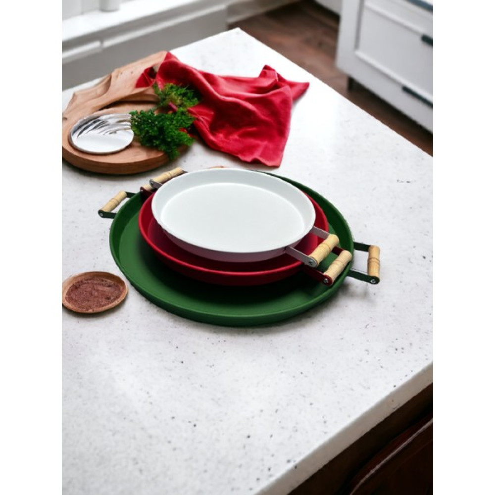Kitchen Trend 3'lü 45 cm Yeşil, 37 cm Kırmızı, 30 cm Beyaz Ahşap Kulplu Metal Tepsi Çay Tepsisi Sunum Tepsi Seti Servis Tepsisi Fiyatı