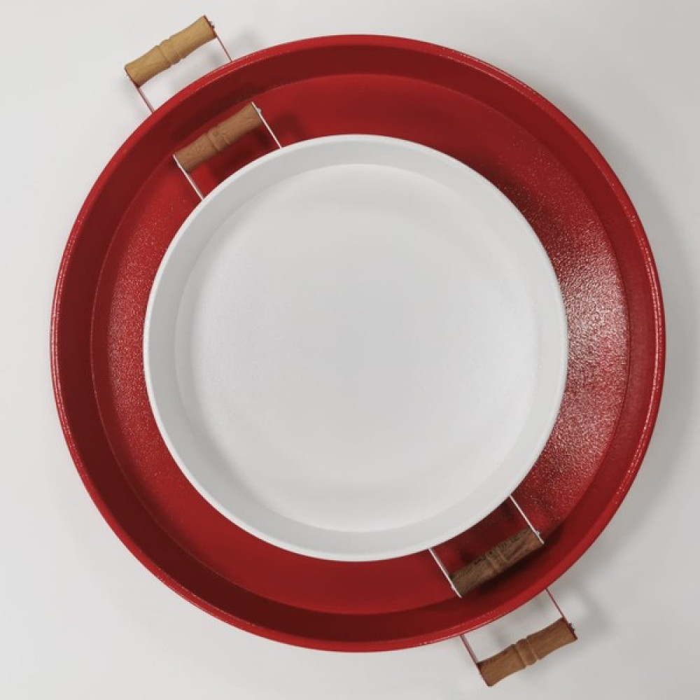 Kitchen Trend 51 cm Kırmızı 37 cm Beyaz 2 Li Metal Yuvarlak Tepsi Sunum Tepsisi Çay Kahve Tepsisi - Kırmızı - Beyaz Servis Tepsisi Fiyatı