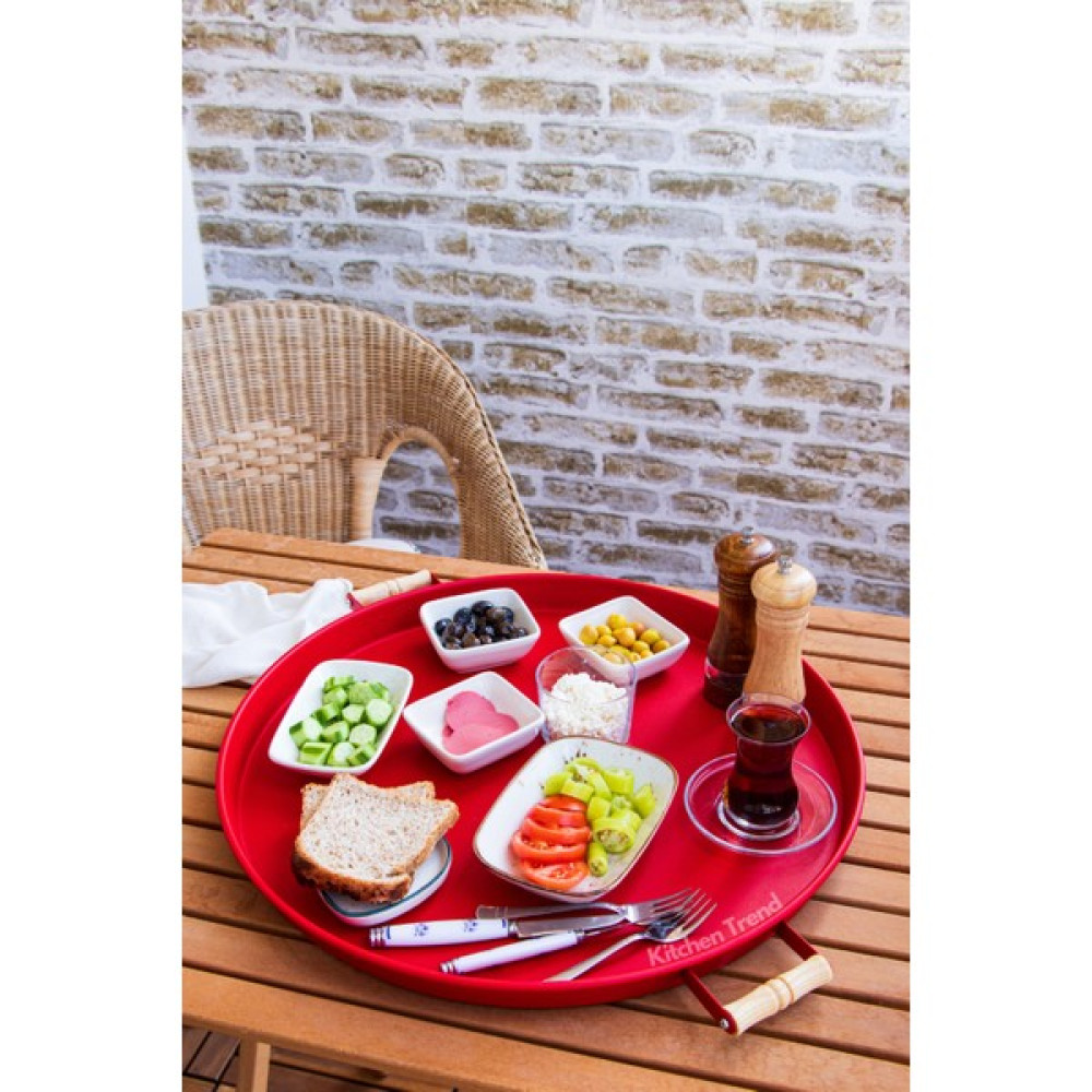 Kitchen Trend Galvaniz 51 cm Kırmızı Ahşap Kulplu Yuvarlak Tepsi Servis Tepsisi Fiyatı