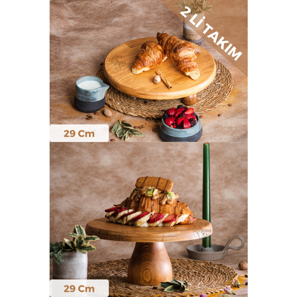 kitchen trend Justwood 2 Li Risus&lucca Top Ayaklı 29 Cm Ve 29 Ahşap Yuvarlak Pasta Sunum Servis Tabağı Seti Mutfak Gereçleri Fiyatı