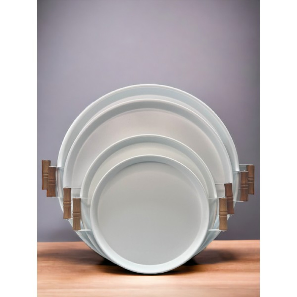 Kitchen Trend Metal 4 Lü (51 37 45 30 Cm) Beyaz Ahşap Kulplu Yuvarlak Tepsi Seti, Kahvaltı Tepsisi 4lüset Servis Tepsisi Fiyatı