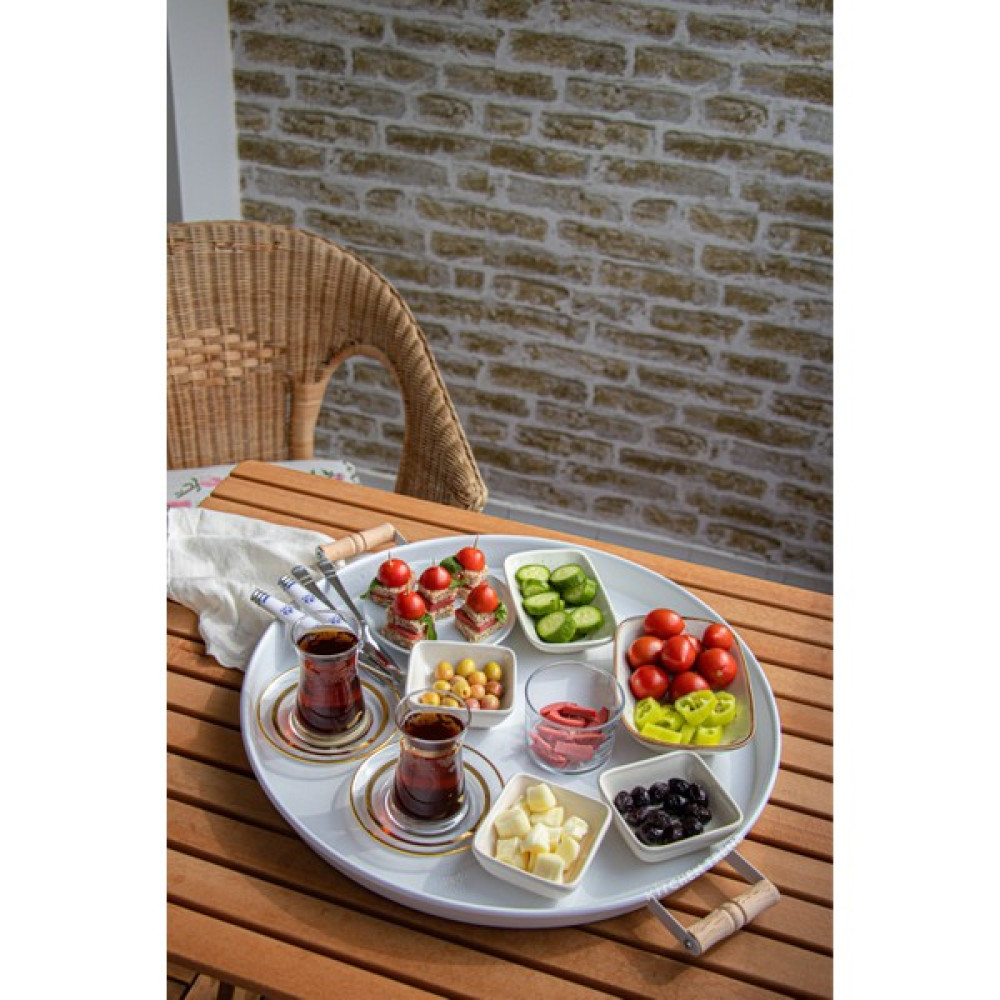 Kitchen Trend Metal 45 cm Beyaz Ahşap Kulplu Yuvarlak Tepsi, Kahvaltı Tepsisi, Sunum Tepsisi Servis Tepsisi Fiyatı