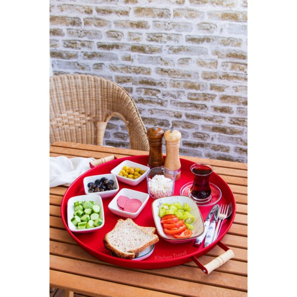 Kitchen Trend Metal Kırmızı Ahşap Kulplu Yuvarlak Tepsi 45 cm Servis Tepsisi Fiyatı