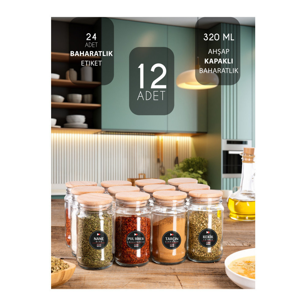 KitchenMood 12li Ahşap Kapaklı 320cc Etiketli Cam Baharatlık Doğal Ahşap Kapaklı Baharat Setleri & Baharatlıklar Fiyatı