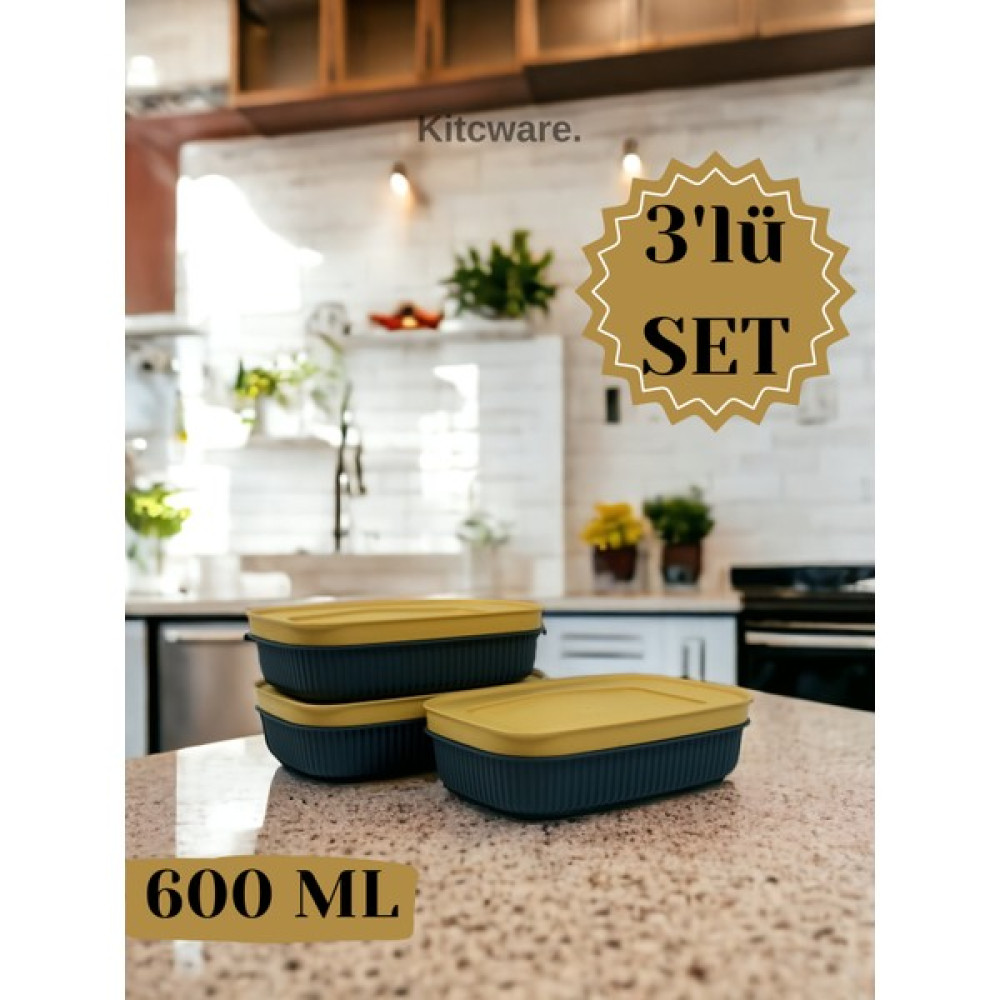 Kitcware Saklama Kabı, Renkli Saklama Kabı, Kahvaltı Tabağı, Kahvaltı Seti, 3'lü Set, 600 ml - Yeşil Sepet Fiyatı